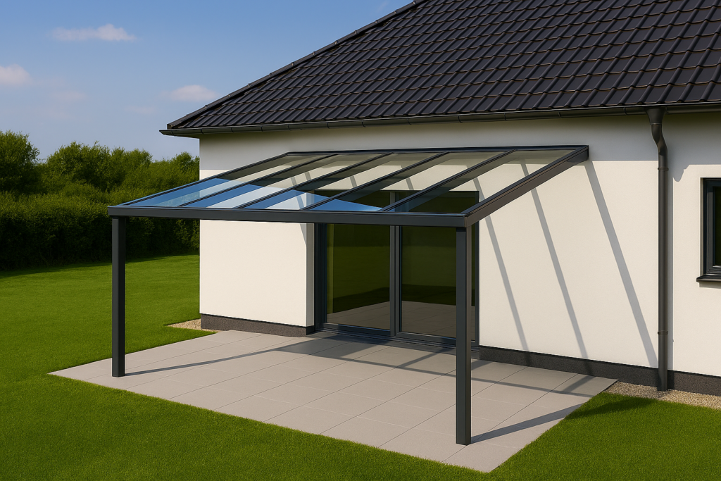 Pergola adossée à une maison avec une toiture en verre