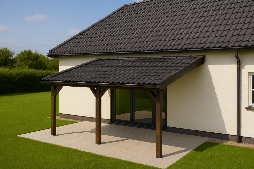 Pergola adossée à la maison avec une toiture en tuiles