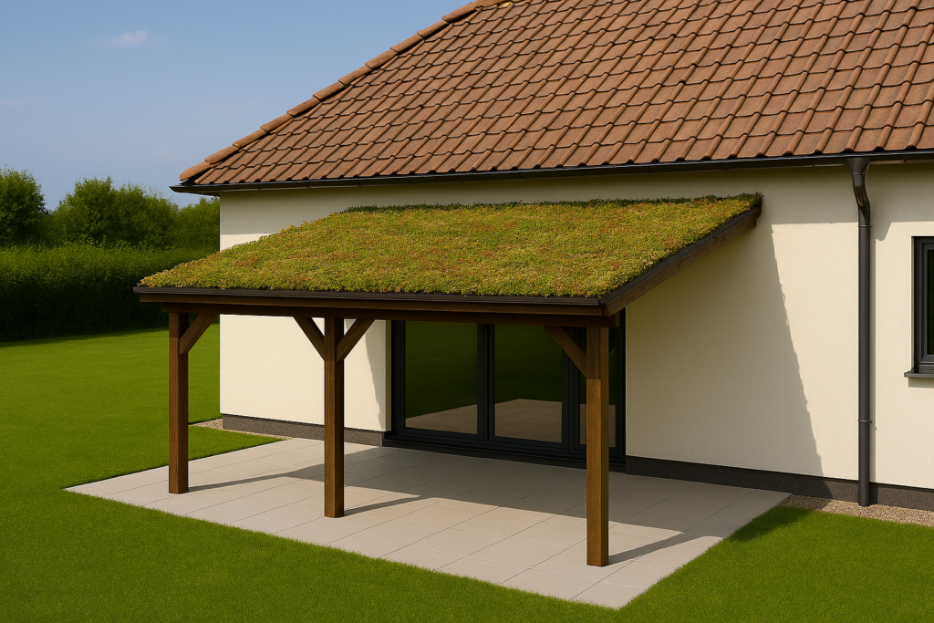 Pergola adossée à la maison avec une toiture végétale