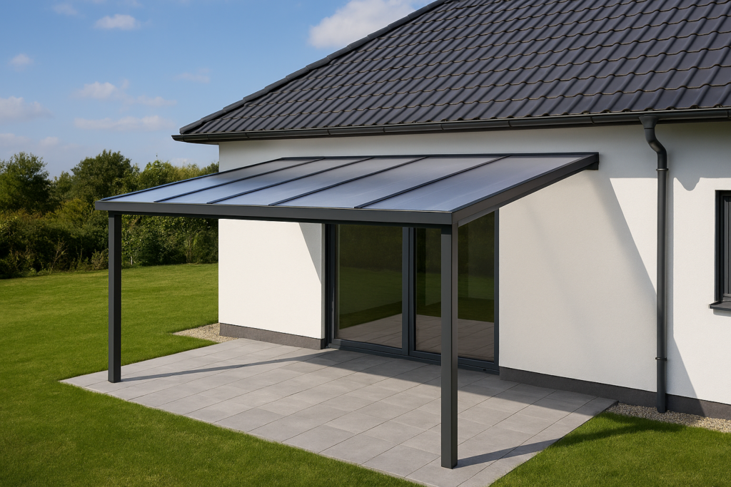 Pergola adossée à une façade en maison avec une toiture en polycarbonate