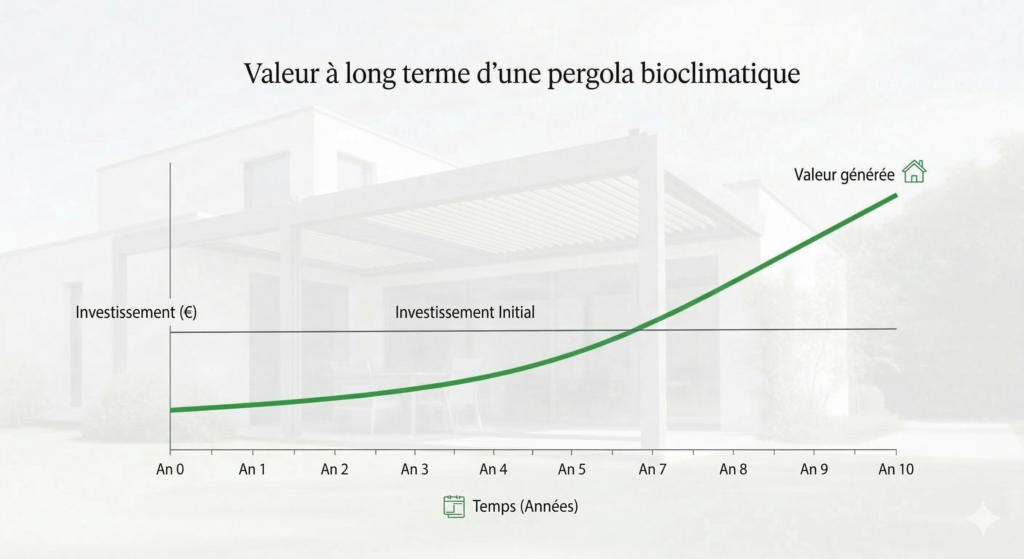 Schéma investissement vs valeur perçue pergola bioclimatique haut de gamme