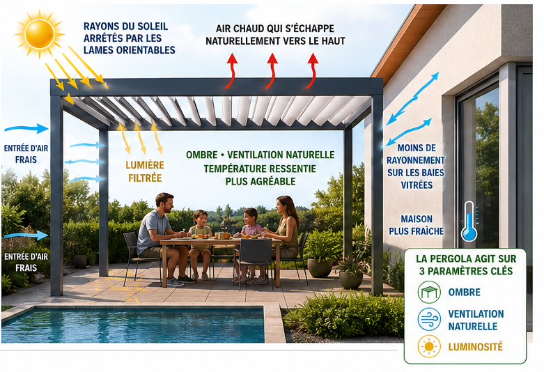 Coupe d'une maison illustrant la réduction des apports solaires grâce à une pergola bioclimatique installée devant une baie vitrée.