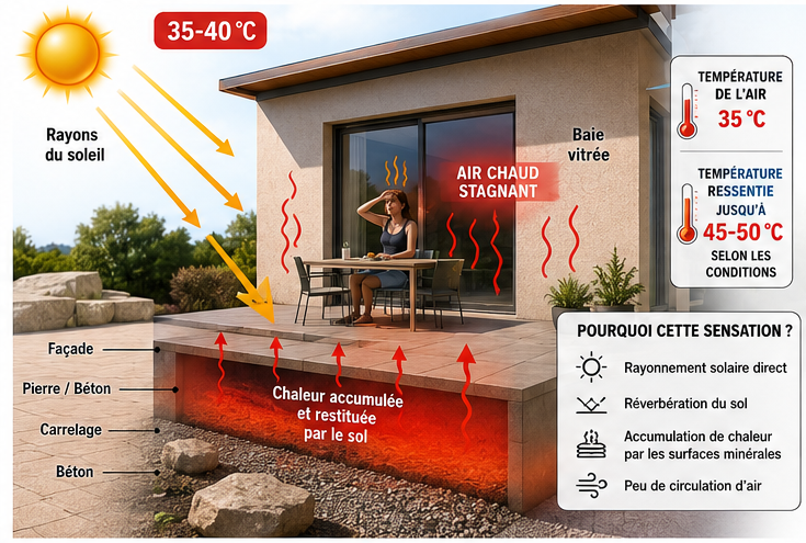 Infographie illustrant l'accumulation de chaleur sur une terrasse exposée au soleil (rayonnement solaire, réverbération du sol, montée de la température ressentie).